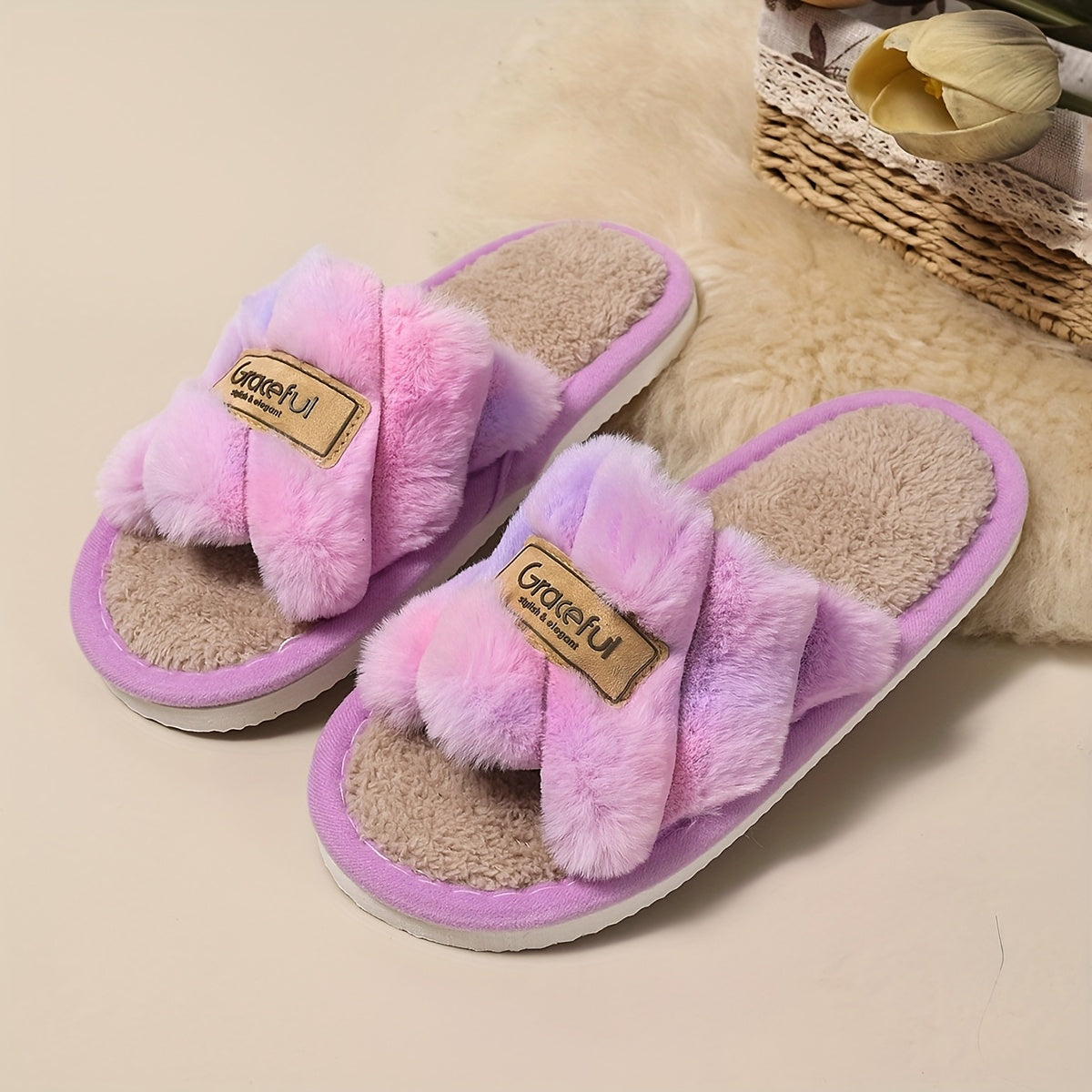 Women’s Colorful Plush Indoor Slippers Warm Anti-slip Autumn Spring