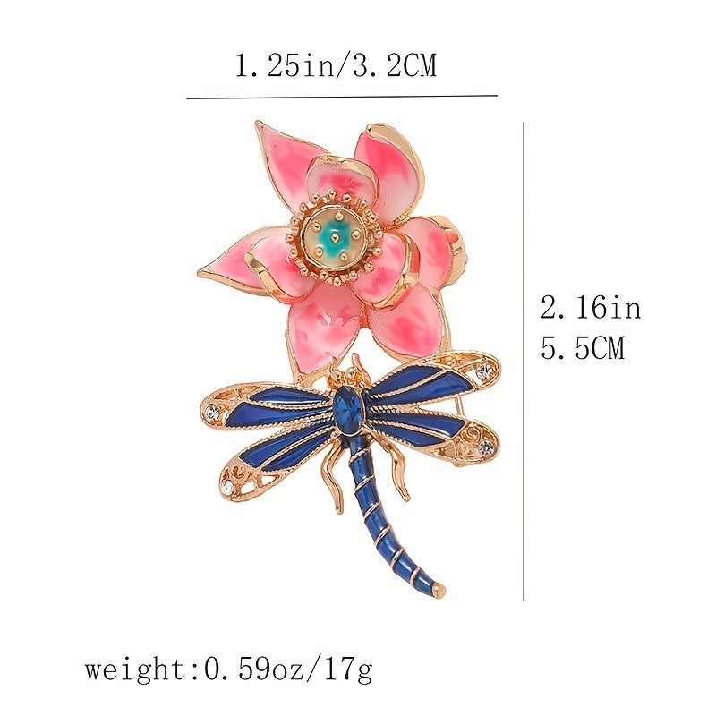 Enamel Lotus Flower and Dragonfly Brooch with Rhinestones Women Fashion Accessory