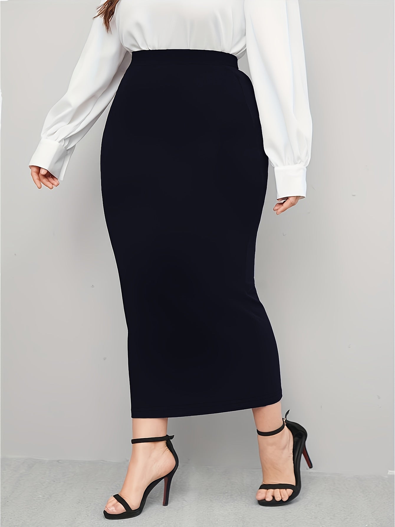 Plus Size Midi Pencil Skirt Polyester Knit Solid Color Straight Cut