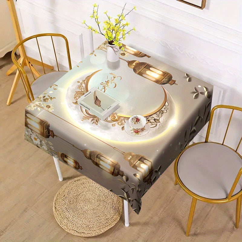Eid Al Fitr Polyester Square Waterproof Stain-Resistant Tablecloth with Golden Moon and Lantern Pattern
