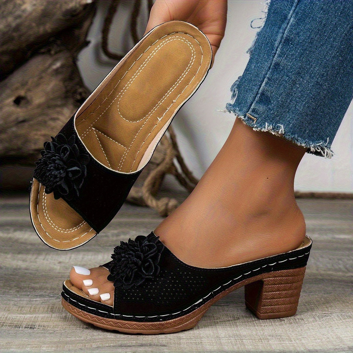 Women's Beige White Floral Open-Toe High Heel Sandals Summer Wedding Casual