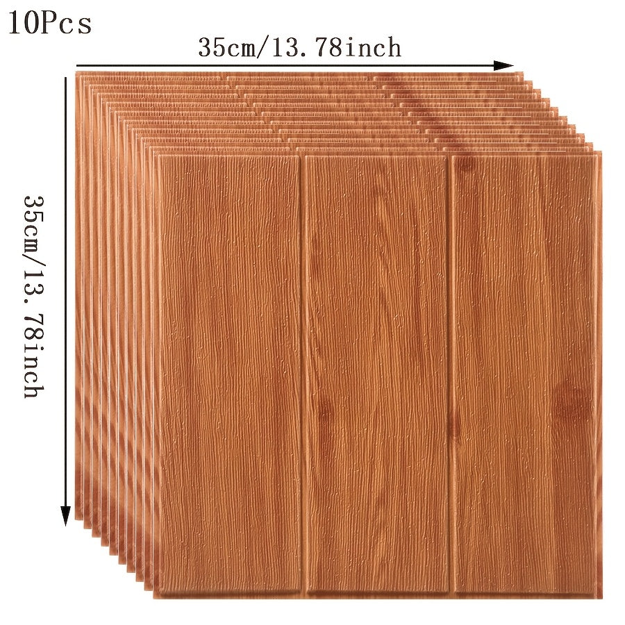 10pcs Wood Grain Self-Adhesive Wall Stickers 35x35cm Rectangular Cabin Style Decor