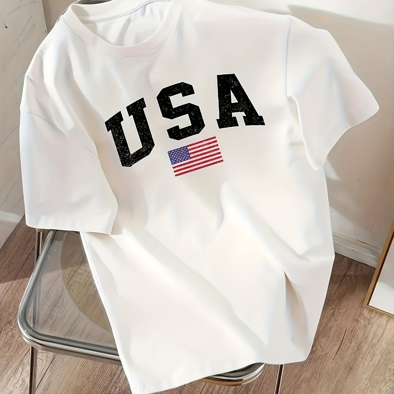 Women's USA Flag Print T-Shirt with Round Neck Short Sleeves Polyester Casual All Seasons