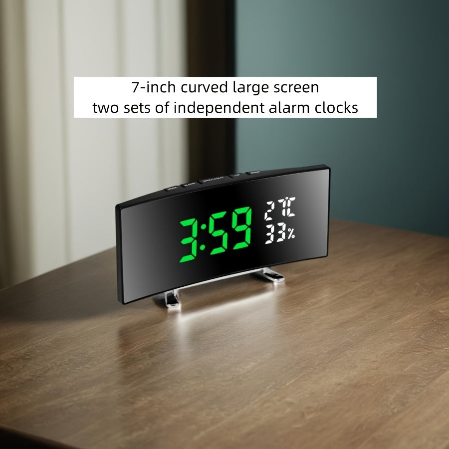 Black LED Curved Alarm Clock with Temperature Humidity Display and USB Battery Power