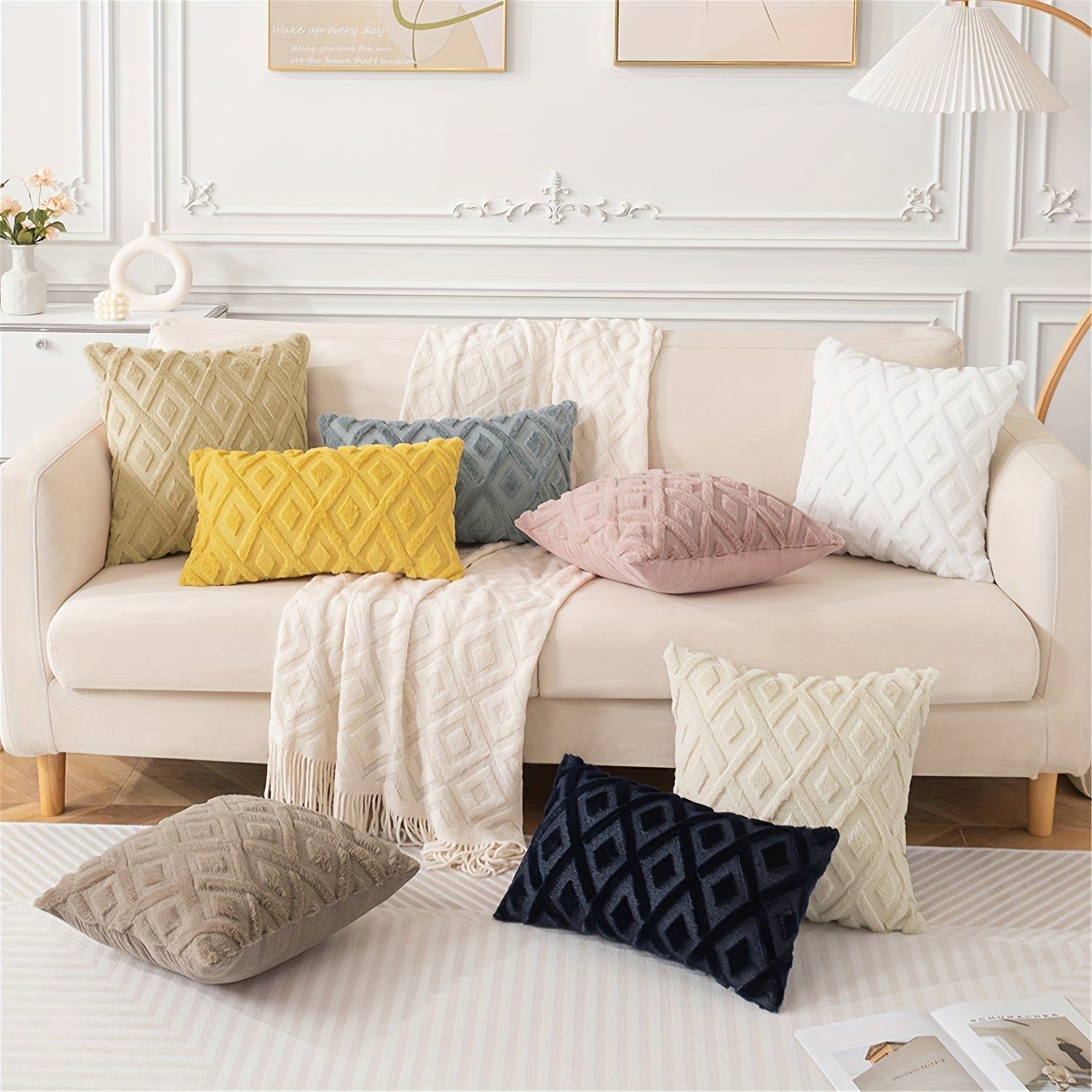 Beige Faux Wool Throw Pillow Covers 18x18 Inches for Couch Sofa Decor