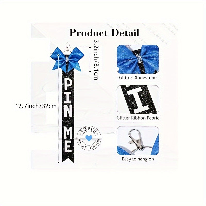 12 Sparkly Cheerleader Bow Keychains Rhinestones Glitter Ribbon for Backpacks Bags Keys