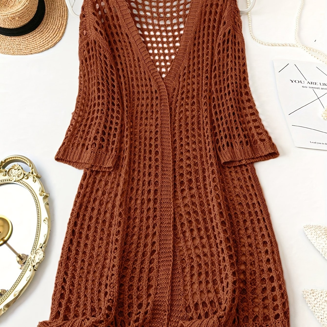 Women Plus Size V-Neck Cardigan Acrylic Hollow Knit Solid Spring Summer