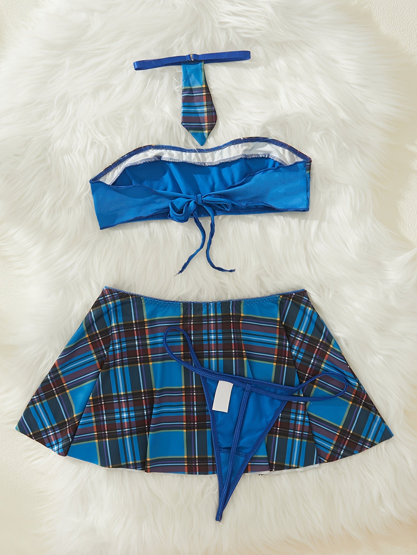 Women's Autumn Winter Role Play Lingerie Set with Plaid Skirt and Neck Tie