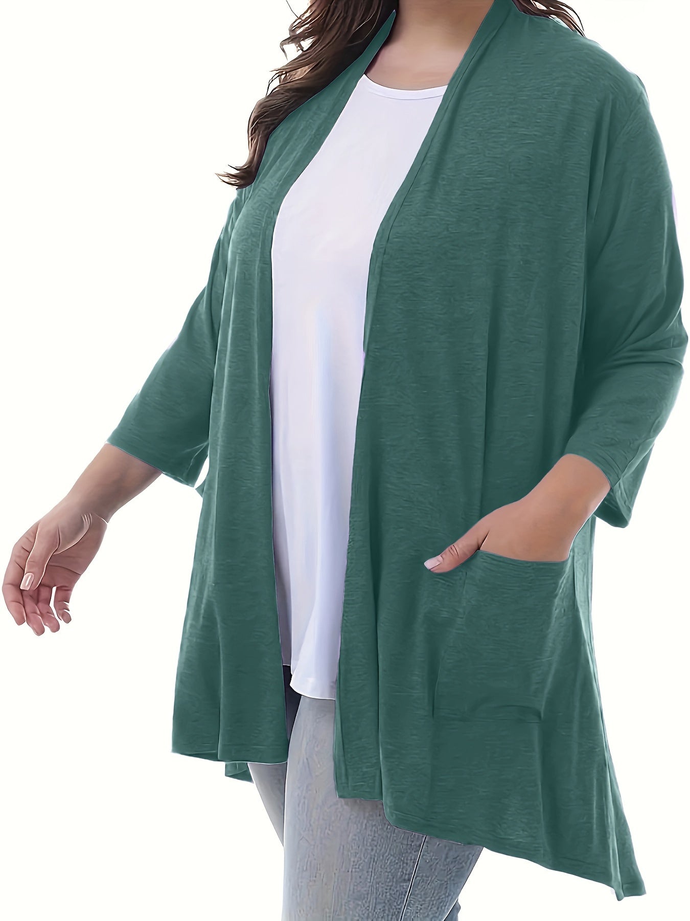 Plus Size Women's Open Front Cardigans Long Sleeve Solid Color Spring Fall