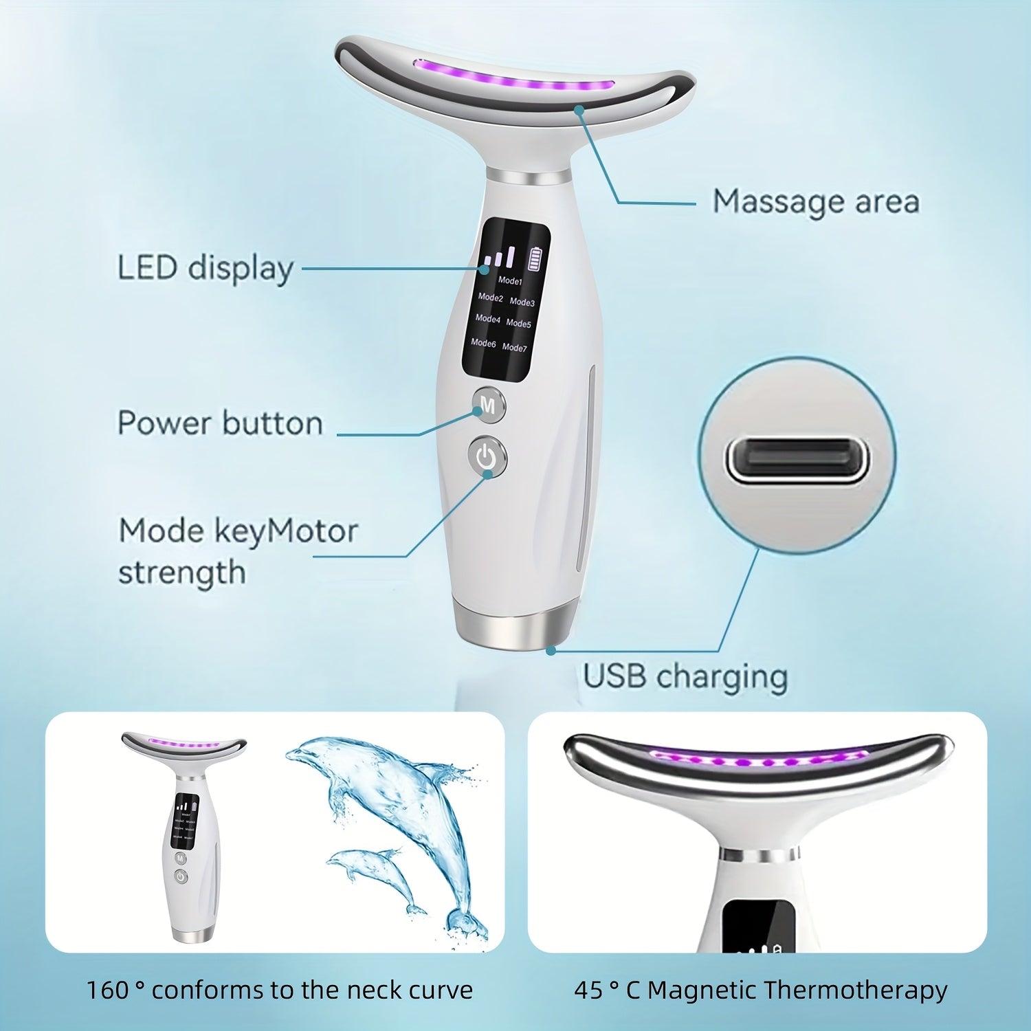 7 rangli LED isitiladigan yuz va bo'yin massaj qiluvchi, qayta zaryadlanadigan, 400mAh batareya. Ayollarning teri parvarishi uchun ideal, Onalar kuni sovg'asi, yuz va bo'yin massaji.