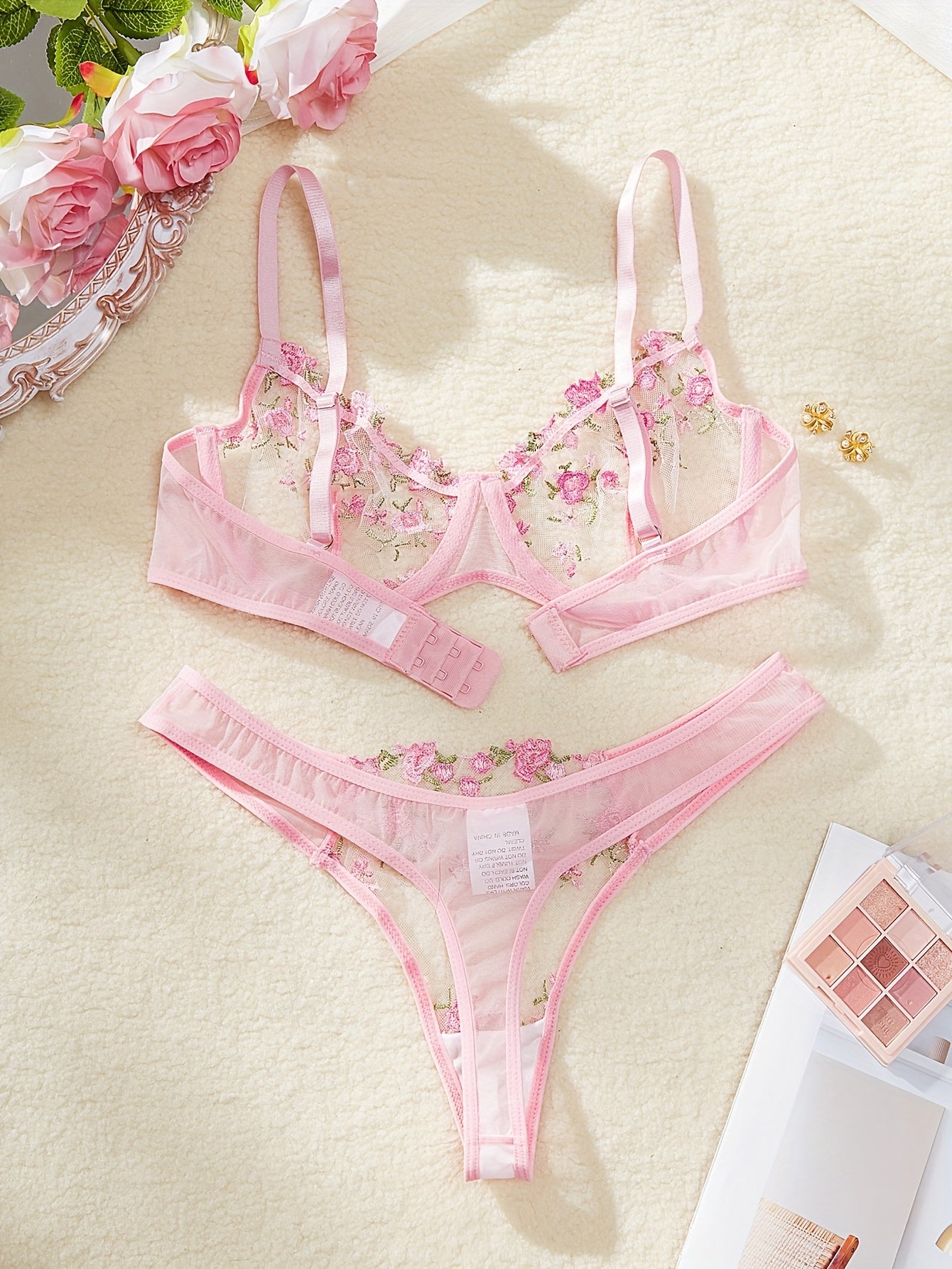 Women's Mesh Lingerie Set with Floral Embroidery Plunge Bra and Thong