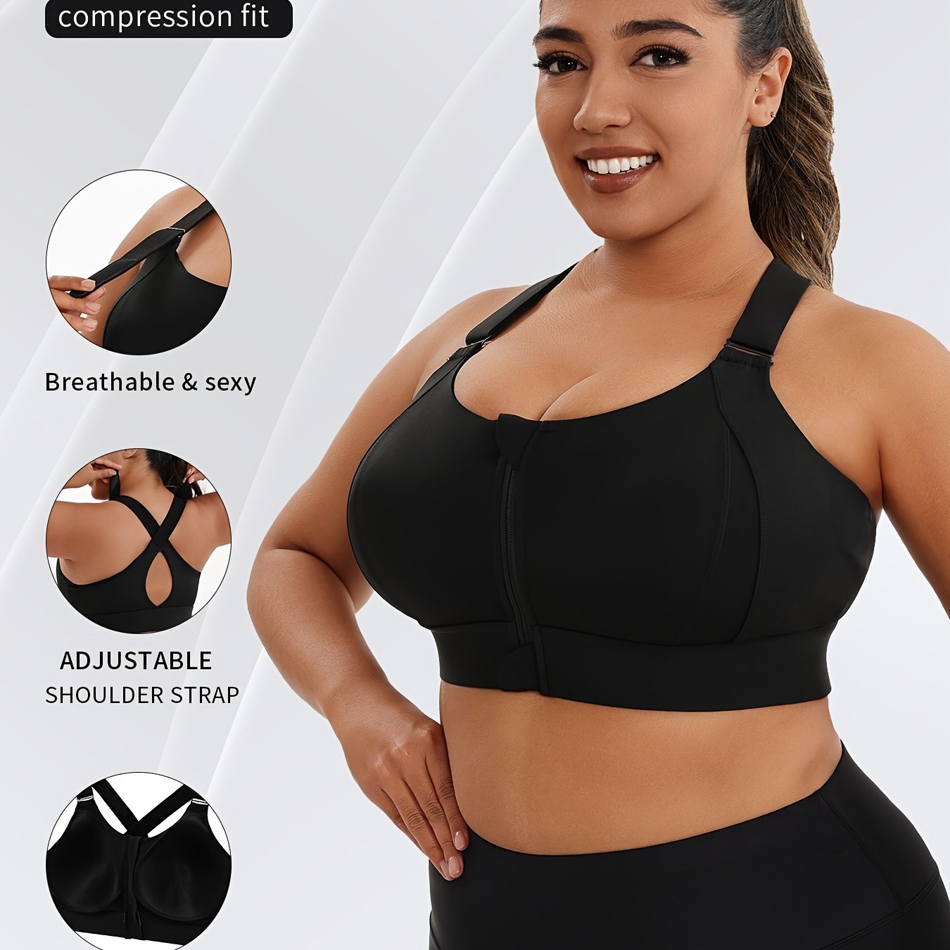 Plus Size Women's High Support Sports Bra Front Zipper Adjustable Cross Back Black