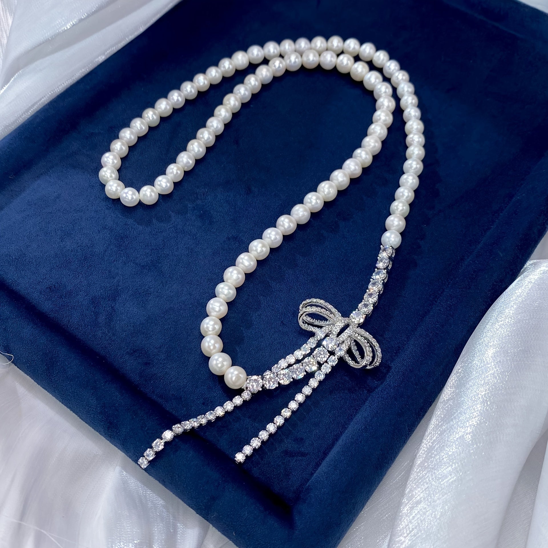 Pearl Necklace with Cubic Zirconia Bow for Weddings and Special Events