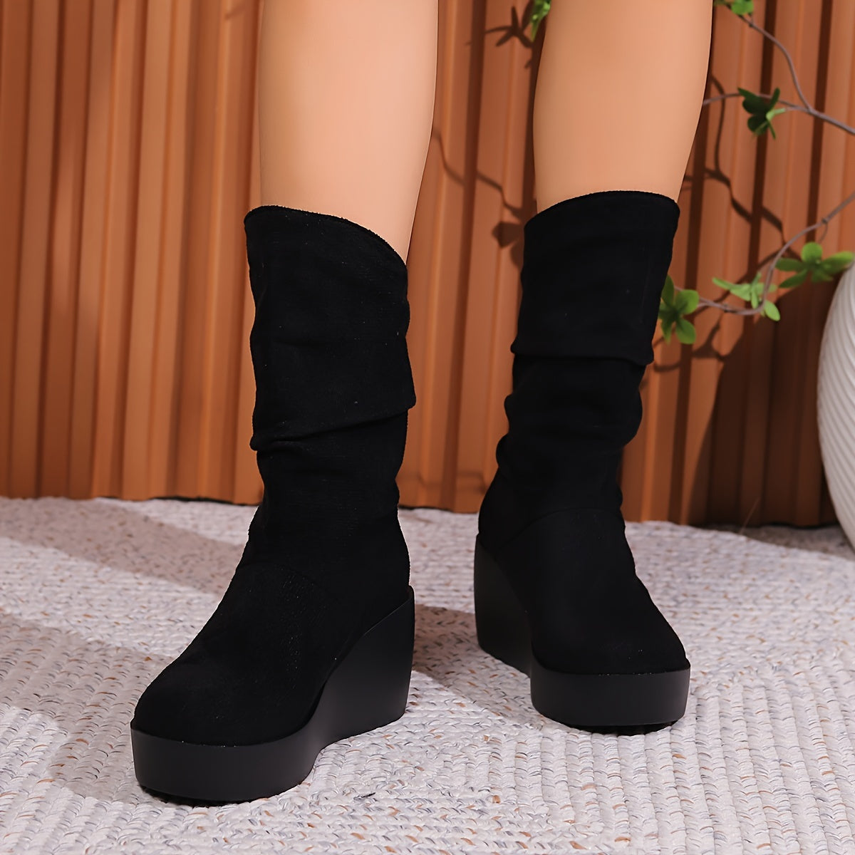 Women's Fuzzy Solid Color Winter Boots Slip-On Wedge Platform Sole Round Toe