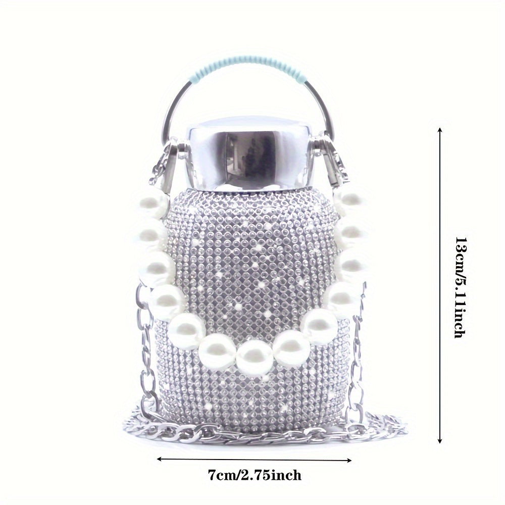 Double Layer Stainless Steel Water Bottle 260ml 8.8oz with Rhinestones for Hot Cold Drinks