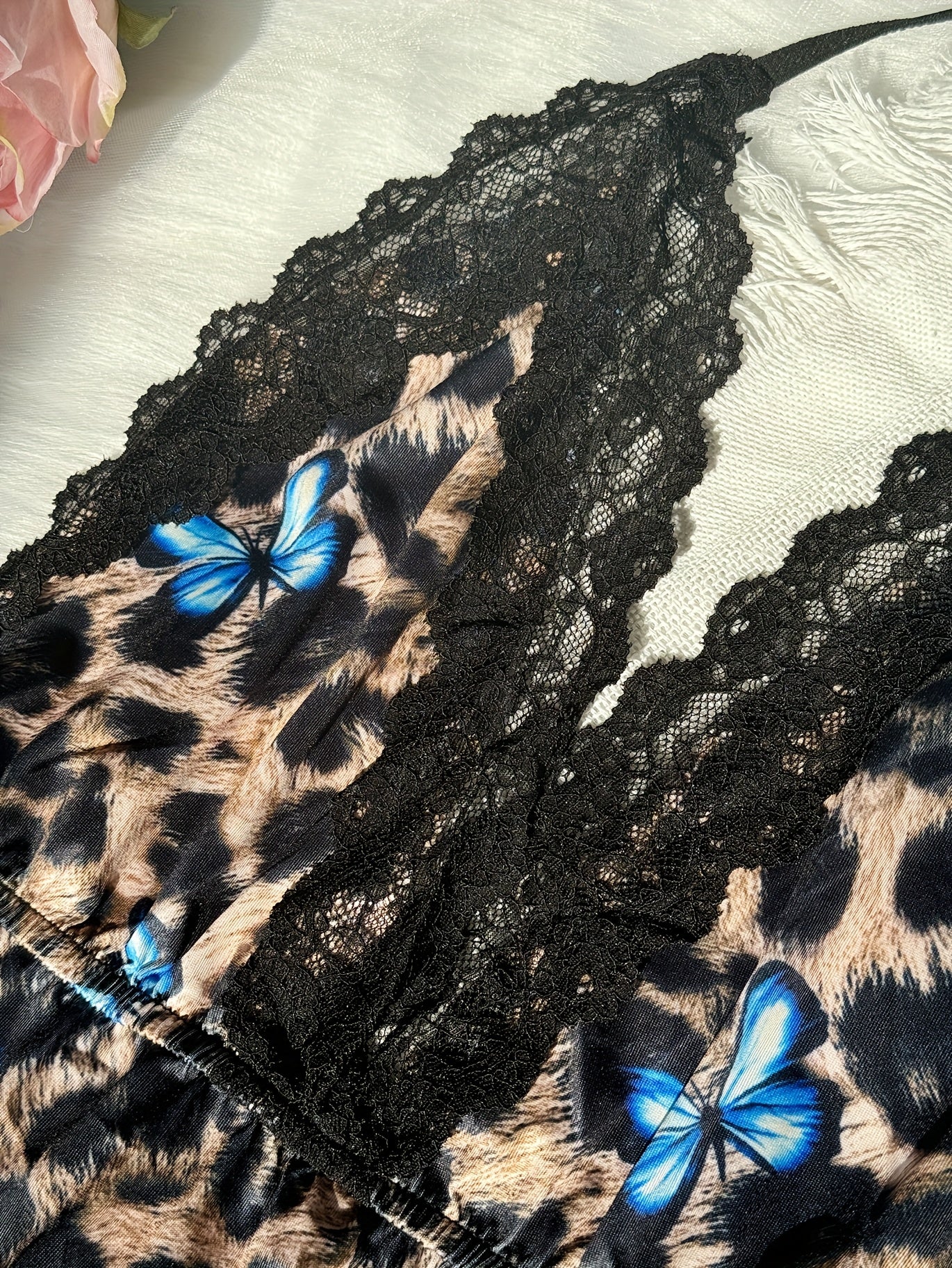 Women's Lace Leopard Butterfly Sleepwear Split Thigh Backless Nightdress