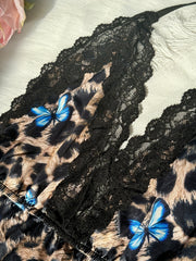 Women's Lace Leopard Butterfly Sleepwear Split Thigh Backless Nightdress