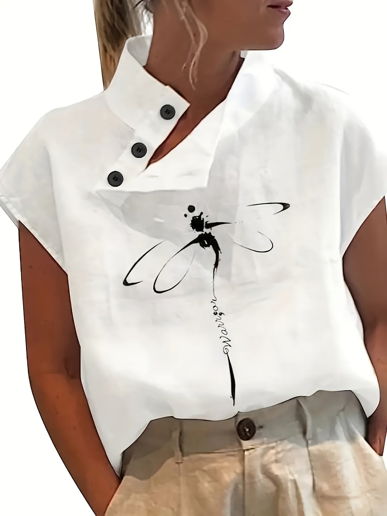 Women's Short Sleeve Blouse with Dragonfly Print and Button Details for Summer