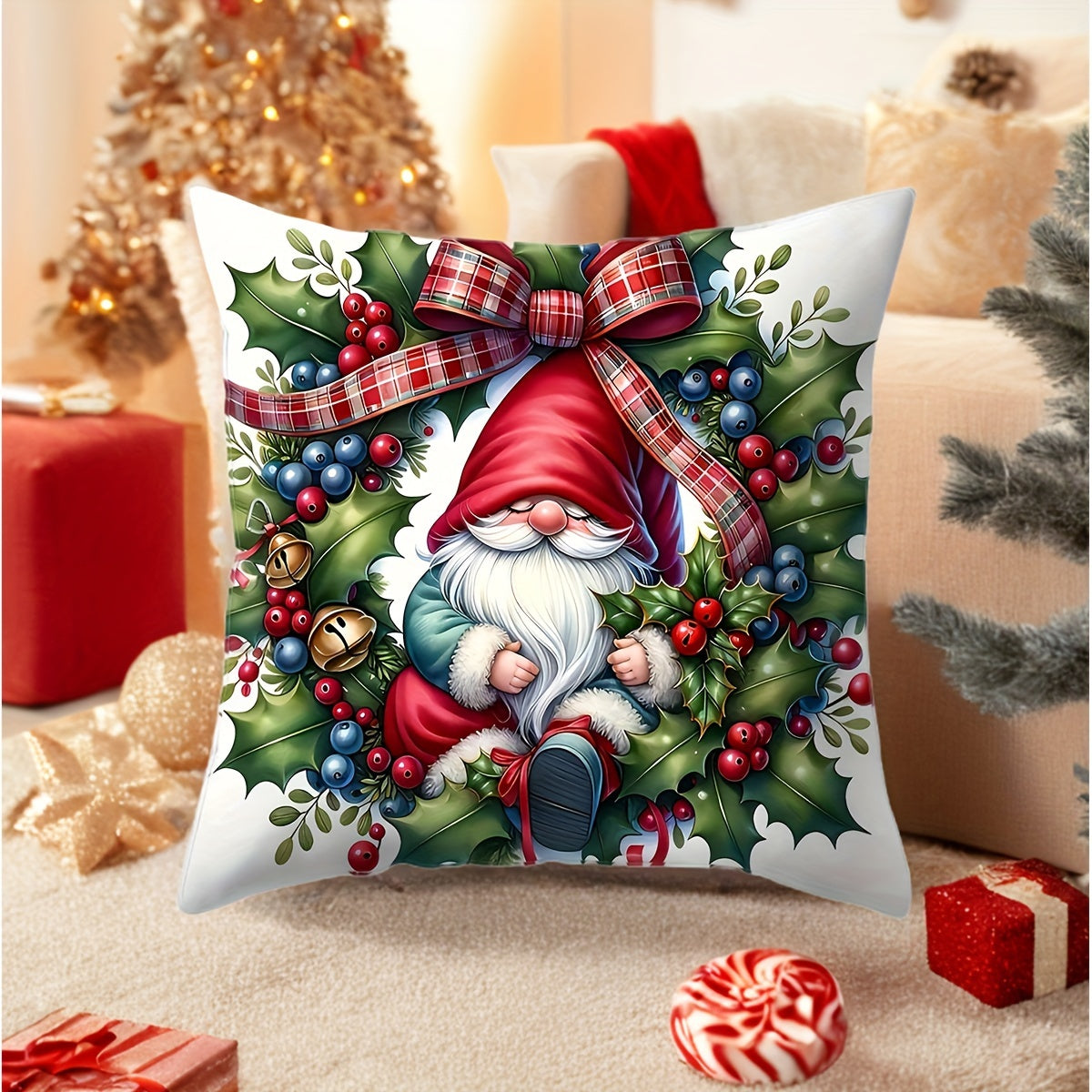 Christmas Gnome and Truck Throw Pillow Cover Zippered Polyester Living Room Decor