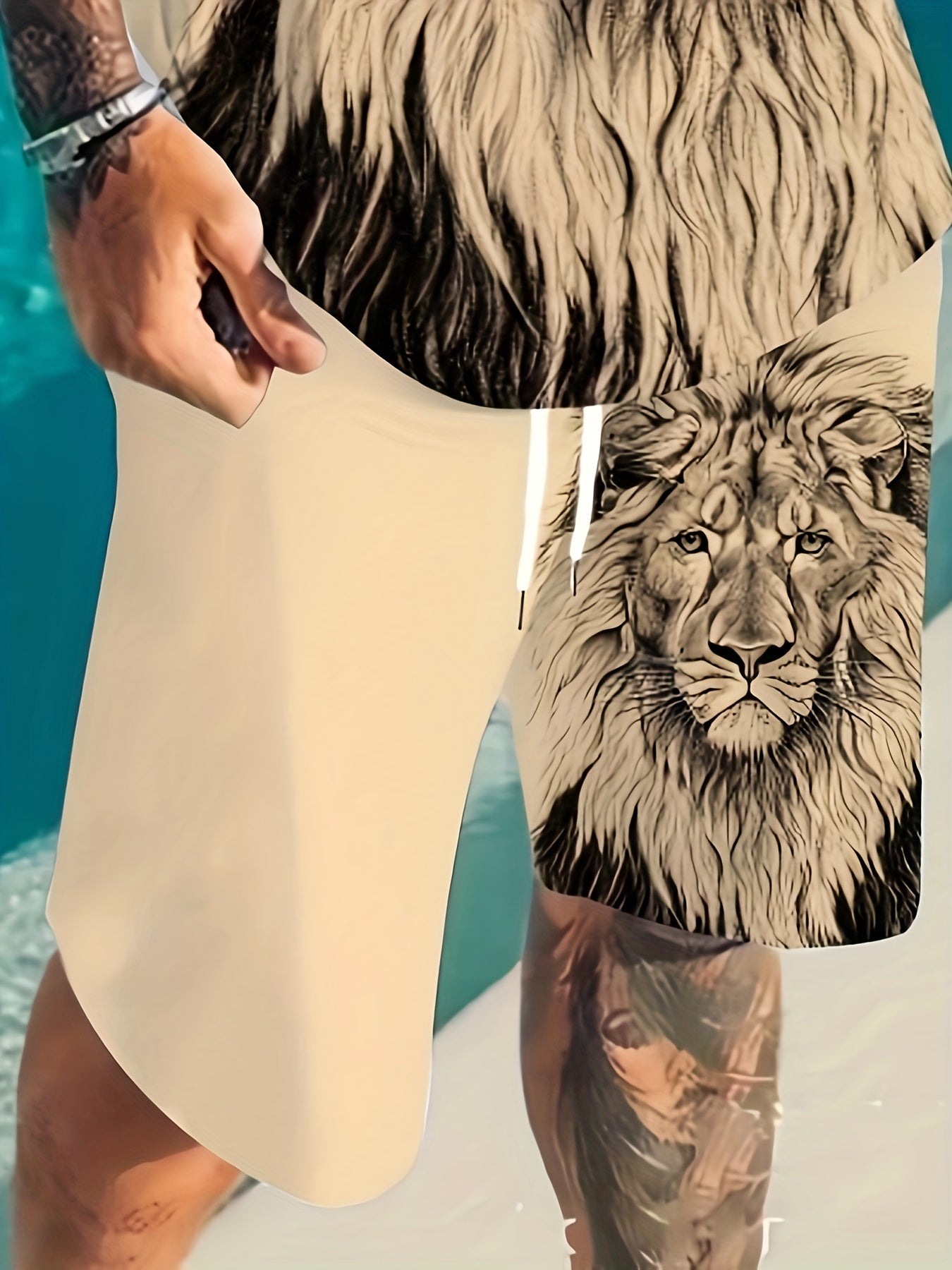 Men's Plus Size Lion Print T-Shirt and Shorts Set Summer Casual Knit Fabric