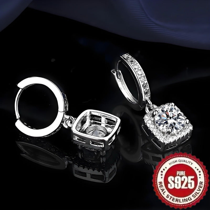 Sterling Silver Square Pendant Earrings with Synthetic Zirconia Retro Elegant Design