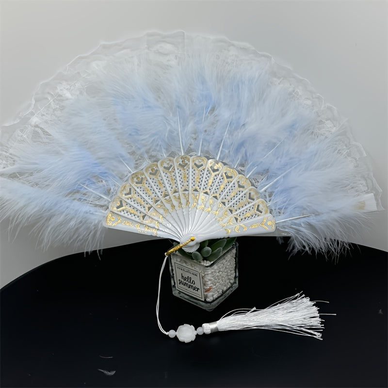 Handcrafted Feather Fan with Lace Edge and Jade Accent for Performances