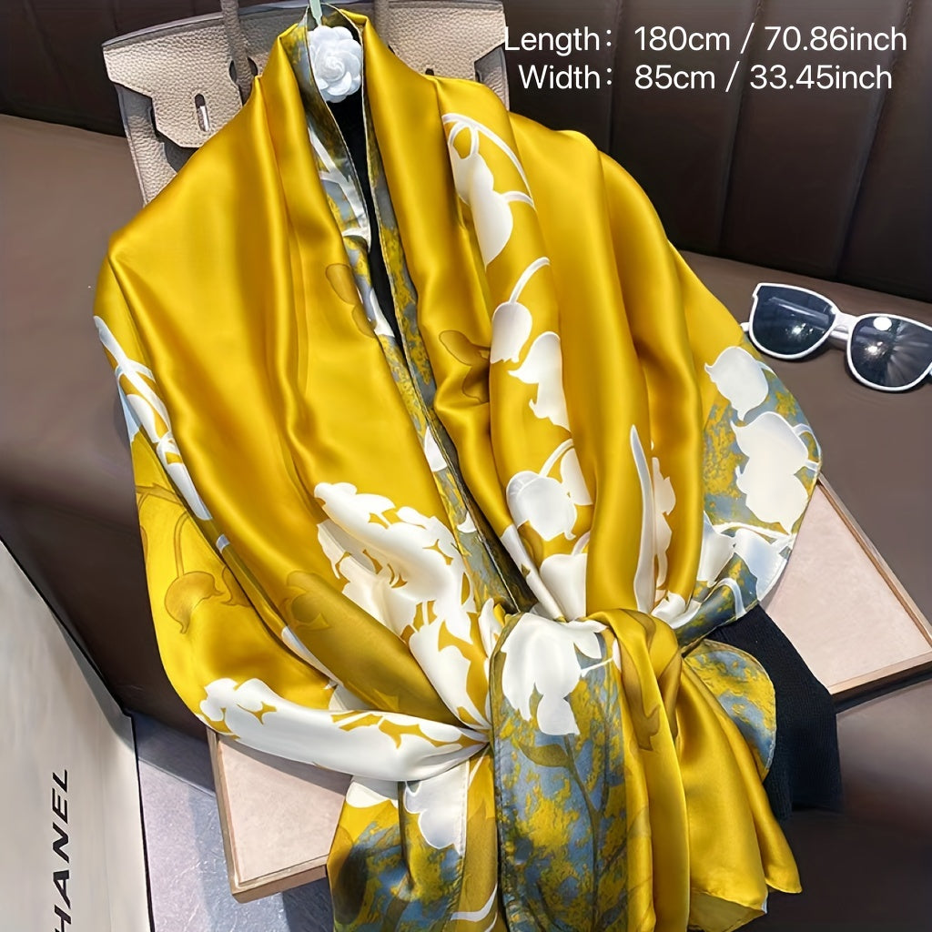 Yellow Plant Print Satin Scarf for Spring and Autumn Sunshade Beach Towel