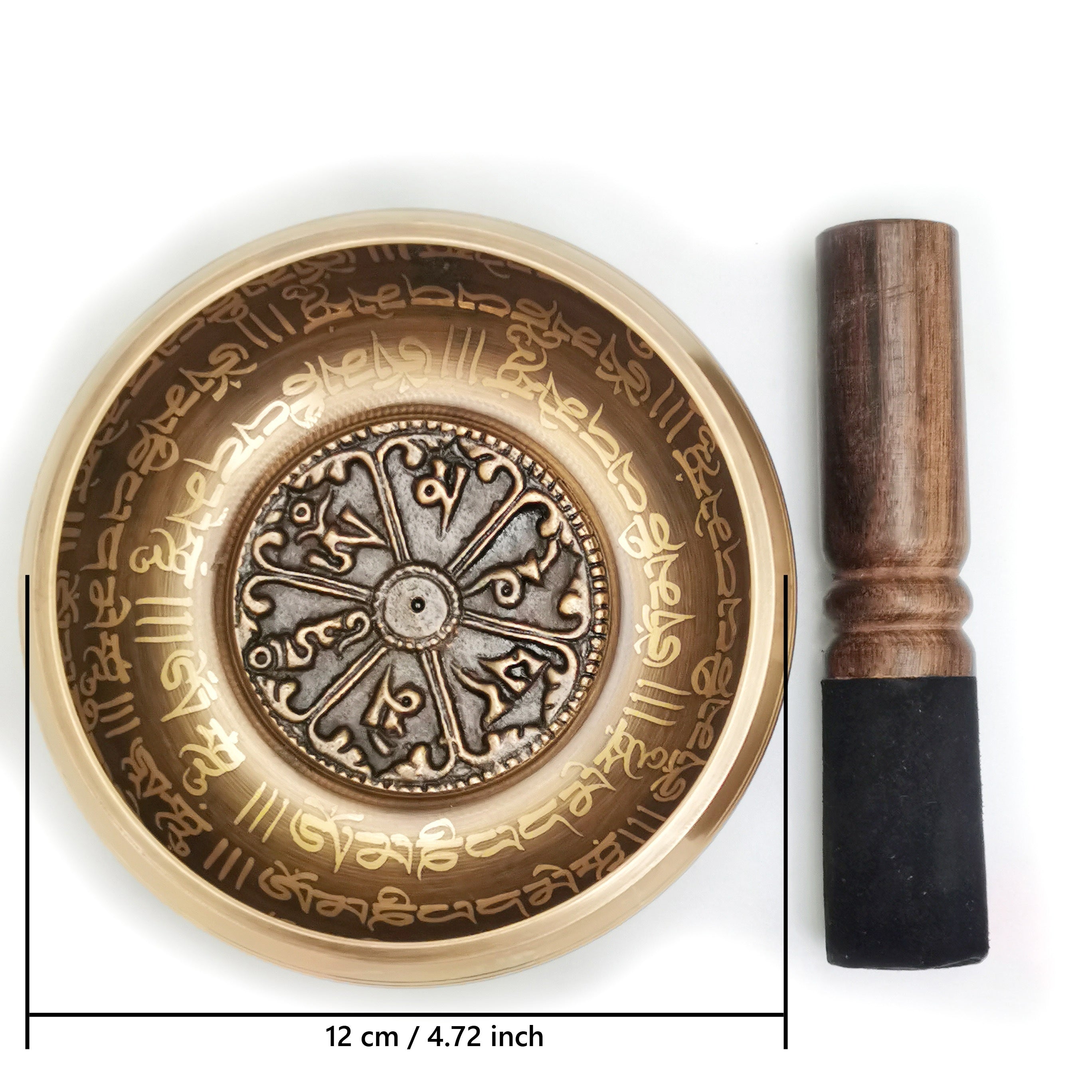 Cuenco de metal de bronce para canto de 12cm para yoga y meditación con mazo de cuero, sin funda