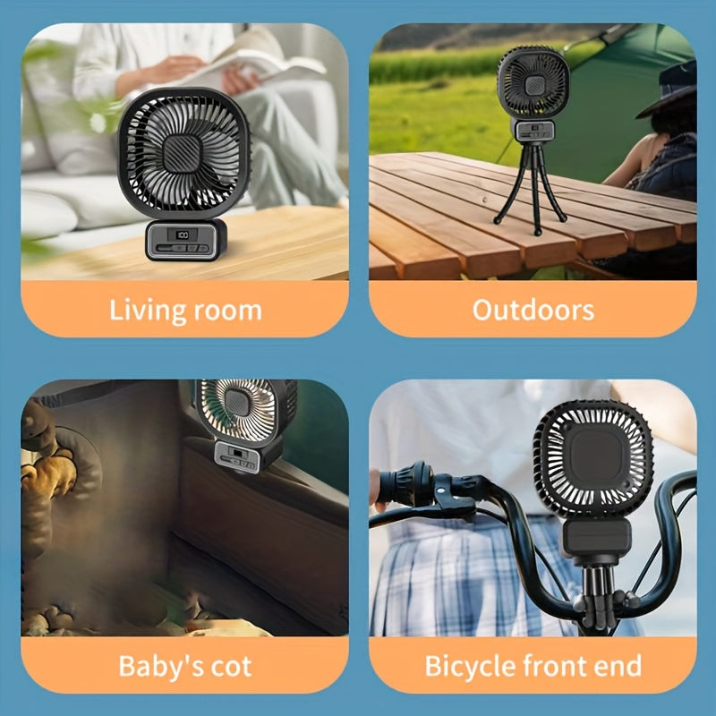 Portativ stol fanati bilan uch oyoqli stativ, USB bilan qayta zaryadlanadigan, 3 tezlik