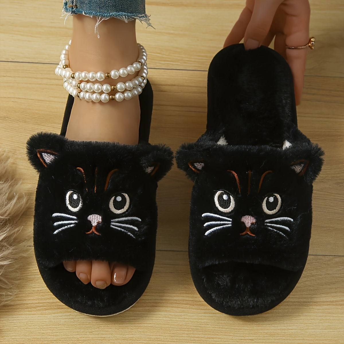 Unisex Fluffy Cat Slippers Black White EVA Sole Indoor Outdoor Comfort