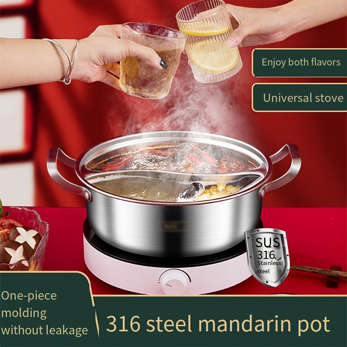 Stainless Steel Hot Pot with Dual Flavors Non-Tainting Soup Separator for Gas and Induction Stovetops