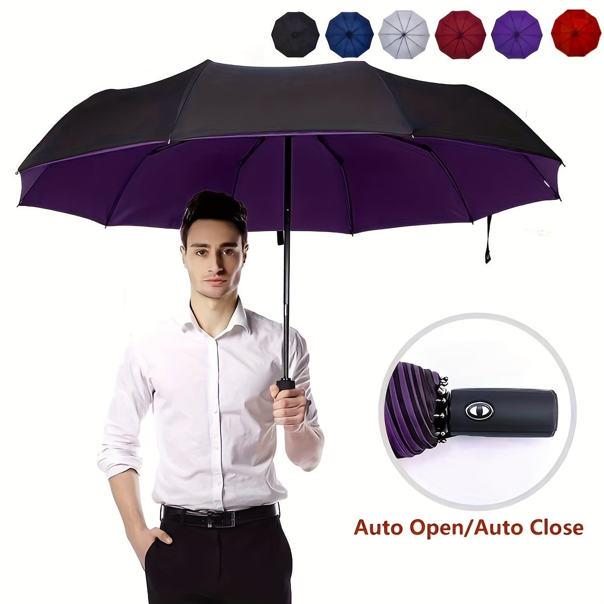 UV Protection Automatic Folding Umbrella with 10 Ribs Lightweight Portable for Men Women