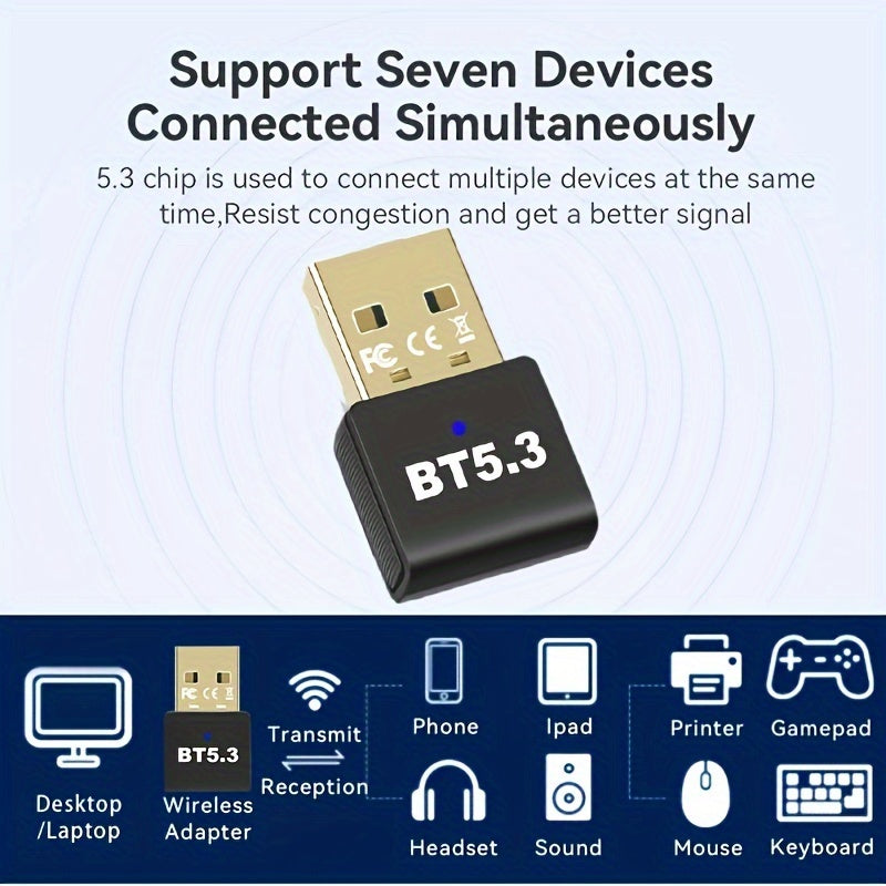 USB Беспроводной адаптер 5.3 для ПК, гарнитуры, клавиатуры, мыши, колонок - Подключи и работай, совместим с Windows 11/10/8.1, обратно совместим с предыдущими версиями, поддерживает 7 устройств, без батареи