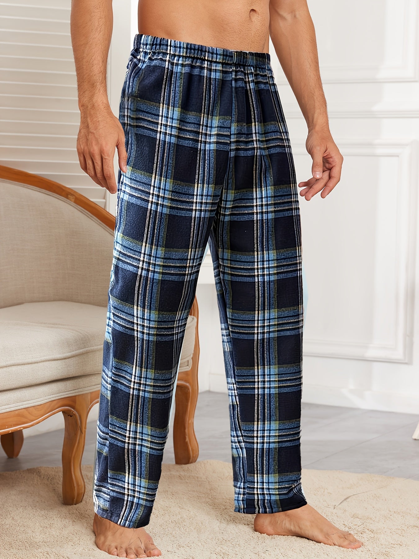 Men's Plaid Lounge Pants Fall Winter Polyester Blend Elastic Waist Casual Sleepwear Blue and White