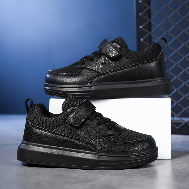 Kids Black Athletic Sneakers with Breathable Mesh and Hook-and-Loop Strap