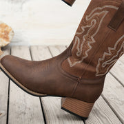 Women's Western Cowboy Boots Faux Leather Floral Embroidery Square Toe Mid-Calf