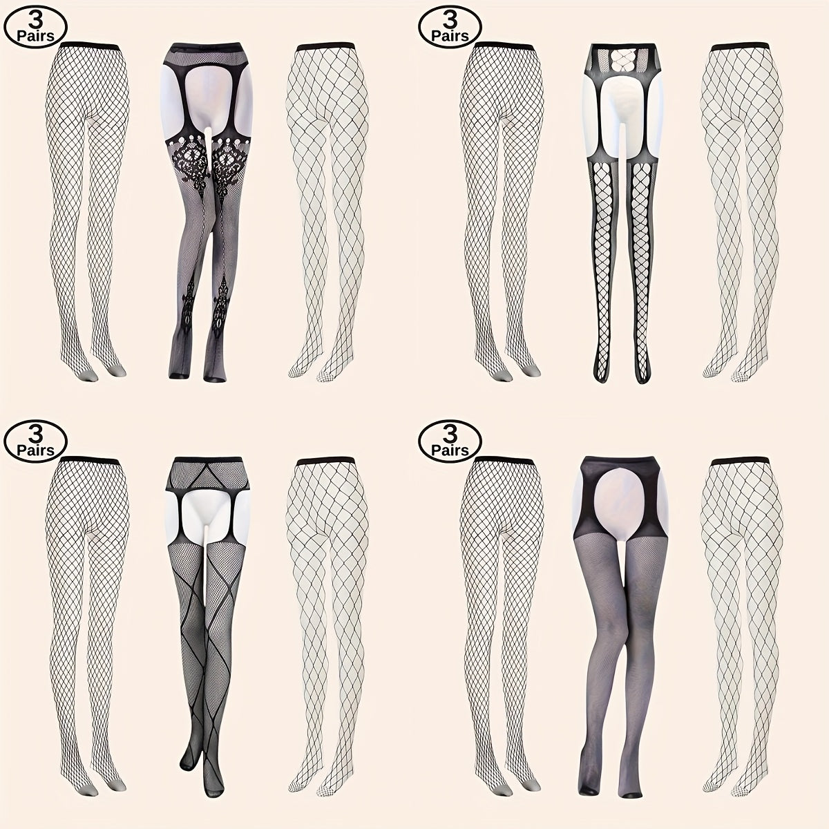 Women's Fishnet Stockings Set with Garter Belts and Thong