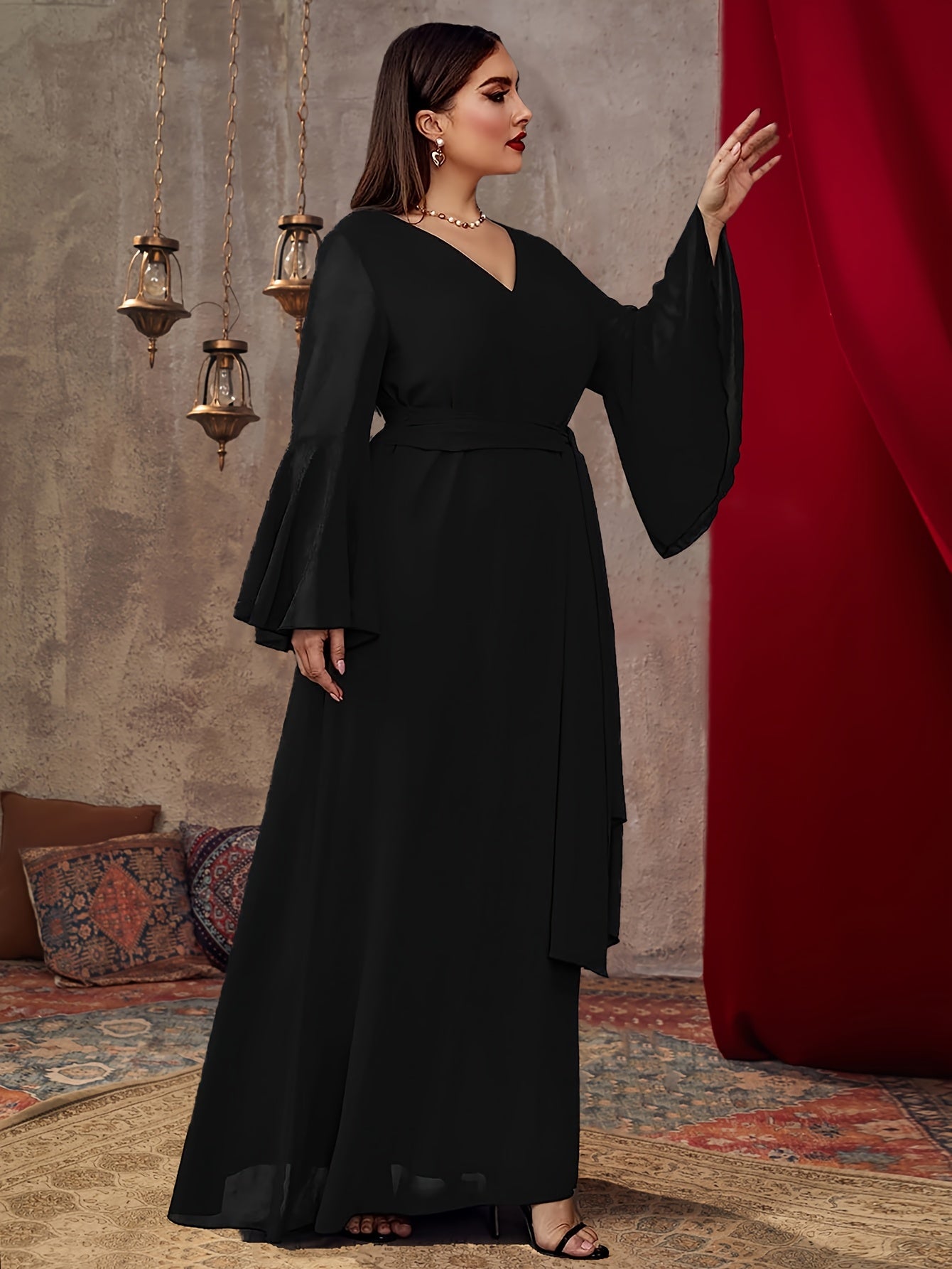 Women Chiffon V-Neck Dress with Belt for Formal Events Plus Size