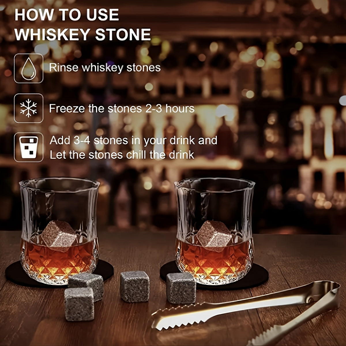 Engraved Whiskey Glasses Gift Set with Reusable Granite Ice Cubes and Wooden Storage