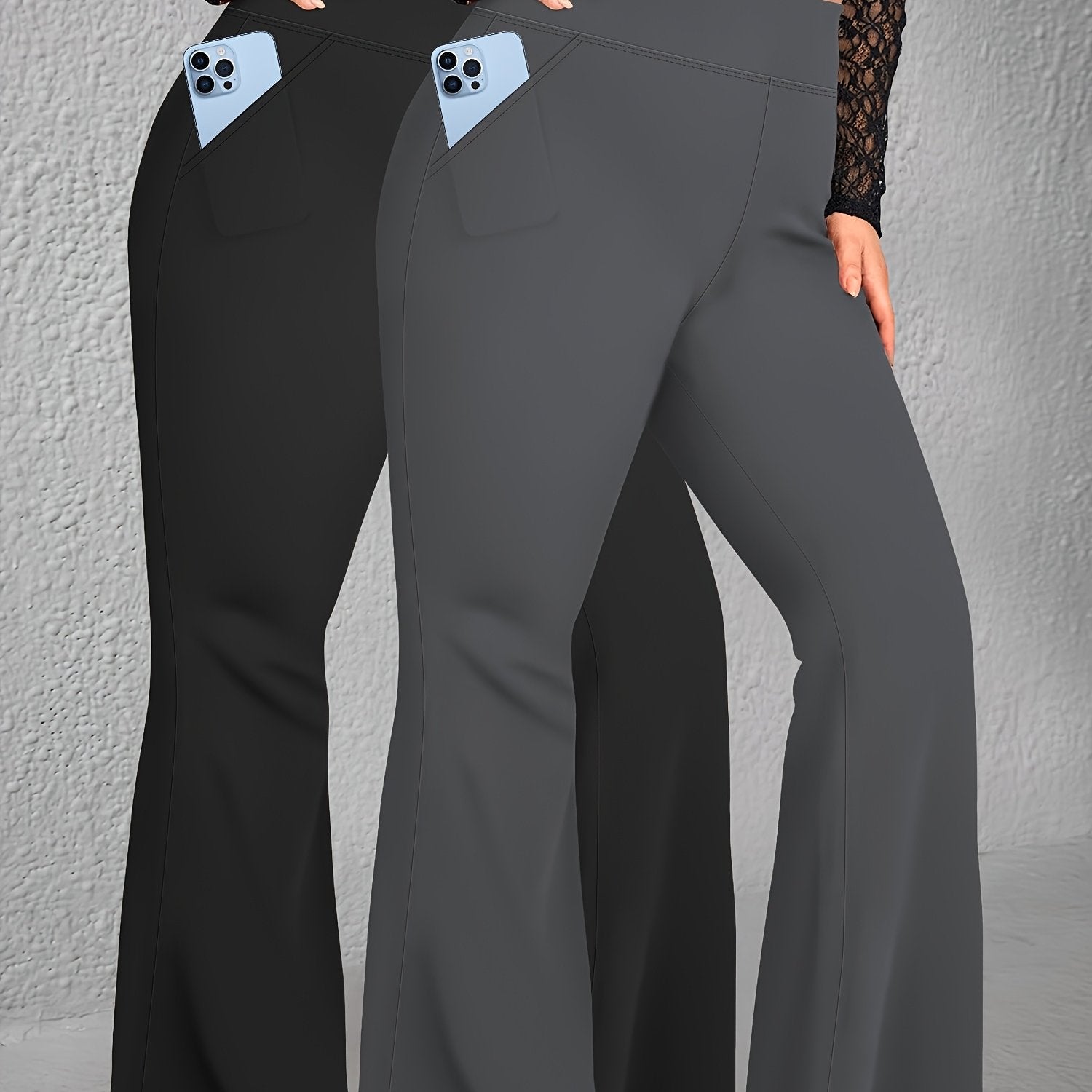 Women's High Waist Flare Pants Set with Pockets, Elastic, All Seasons
