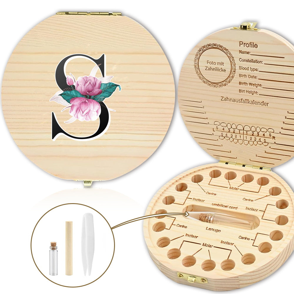 Bolalarining yoʻqolgan sut tishlari uchun yogʻochdan yasalgan saqlash qutisi, 20 tishgacha saqlash joyi bilan. Oq marmar harf naqshli dizayn. Ajoyib sovgʻa gʻoyasi.