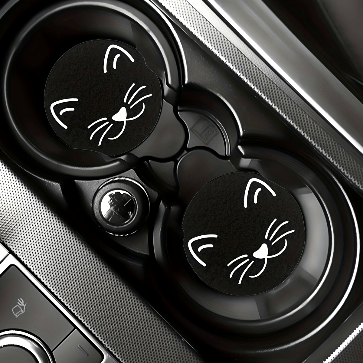 2pcs Black and White Cat Pattern Absorbent Rubber Car Coasters for Cars and Home