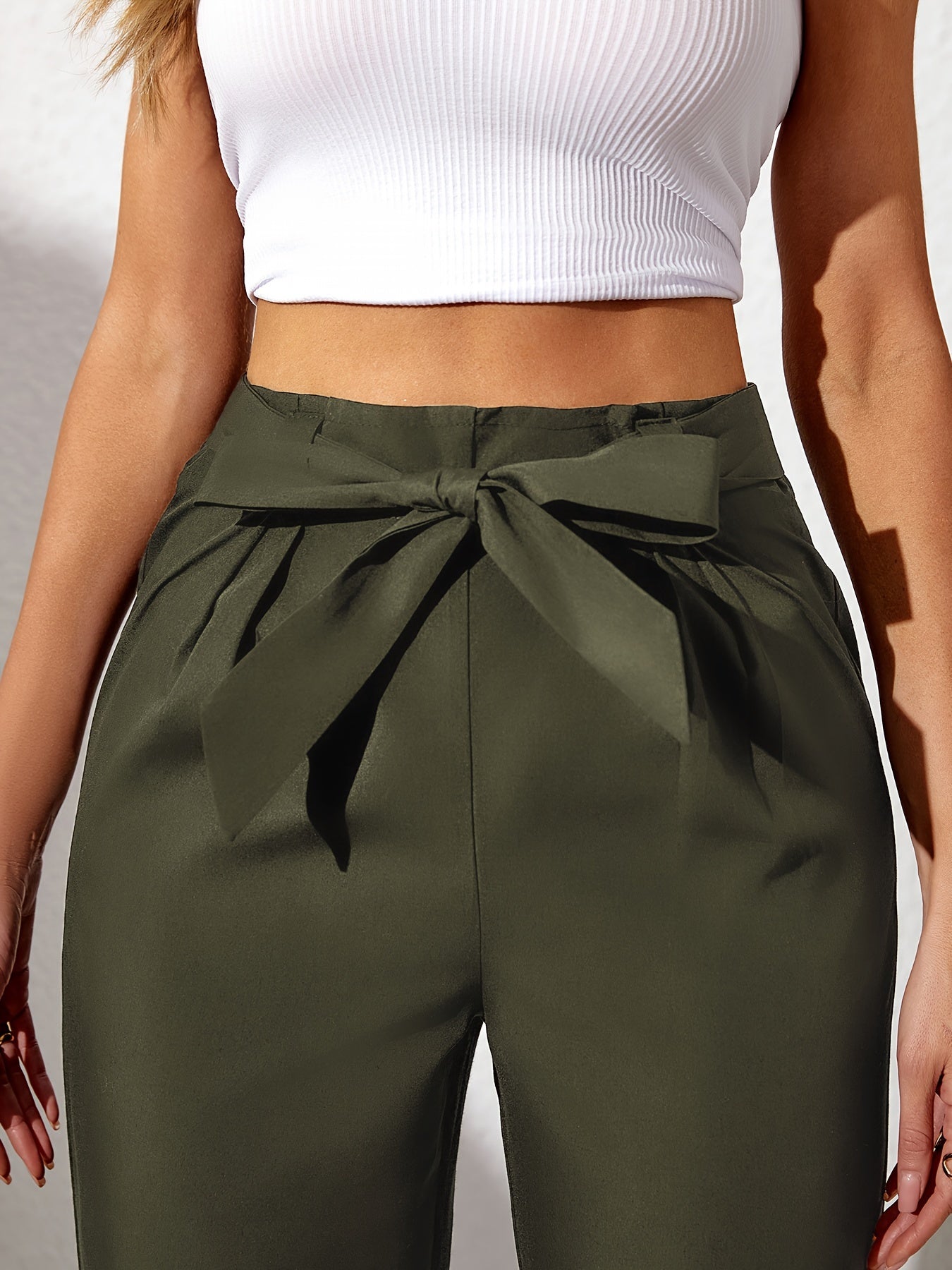 Plus Size Solid Straight Leg Pants with Elastic Drawstring Waist and Bow Detail for Spring and Summer