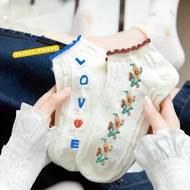 Women Floral Print Socks 5 Pairs Ankle Socks Lettuce Trim Ditsy Pattern