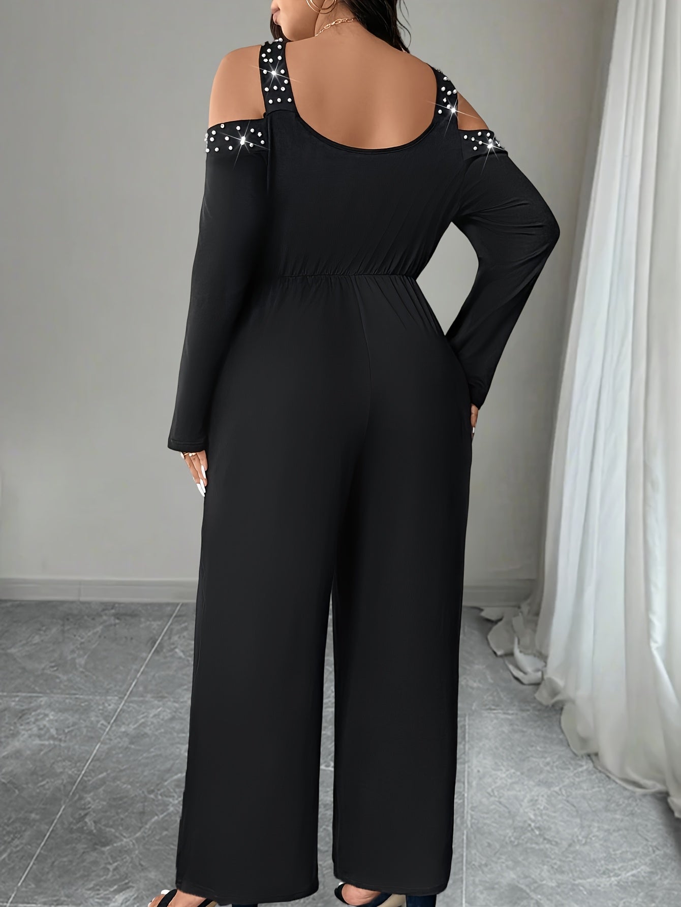 Plus Size Solid Cold Shoulder Jumpsuit Beaded Cinched Waist Women