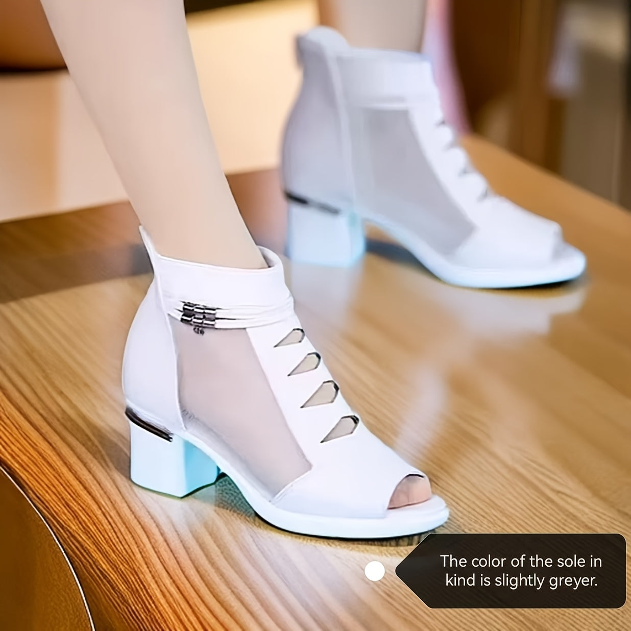 Women's Summer Ankle Boots Peep-Toe Chunky Heel Black White PU