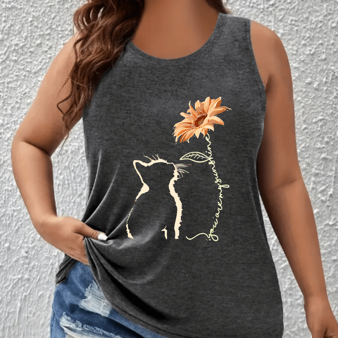 Plus Size Sleeveless Tank Top Women’s Breathable Floral Cat Print Summer Athletic