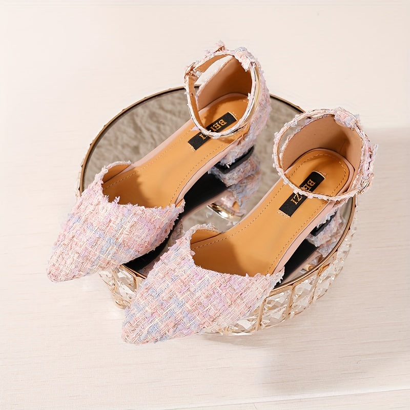 Women's Sandals Woolen Block Heel Ankle Strap Point Toe Dress Shoes