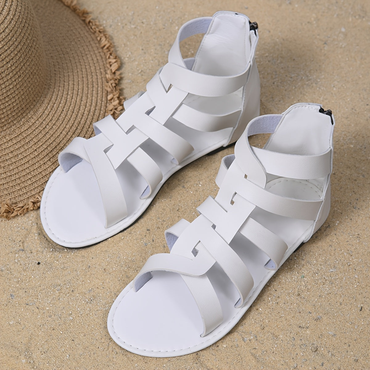 Zapatos planos para mujer de color sólido con cremallera trasera, verano cómodos