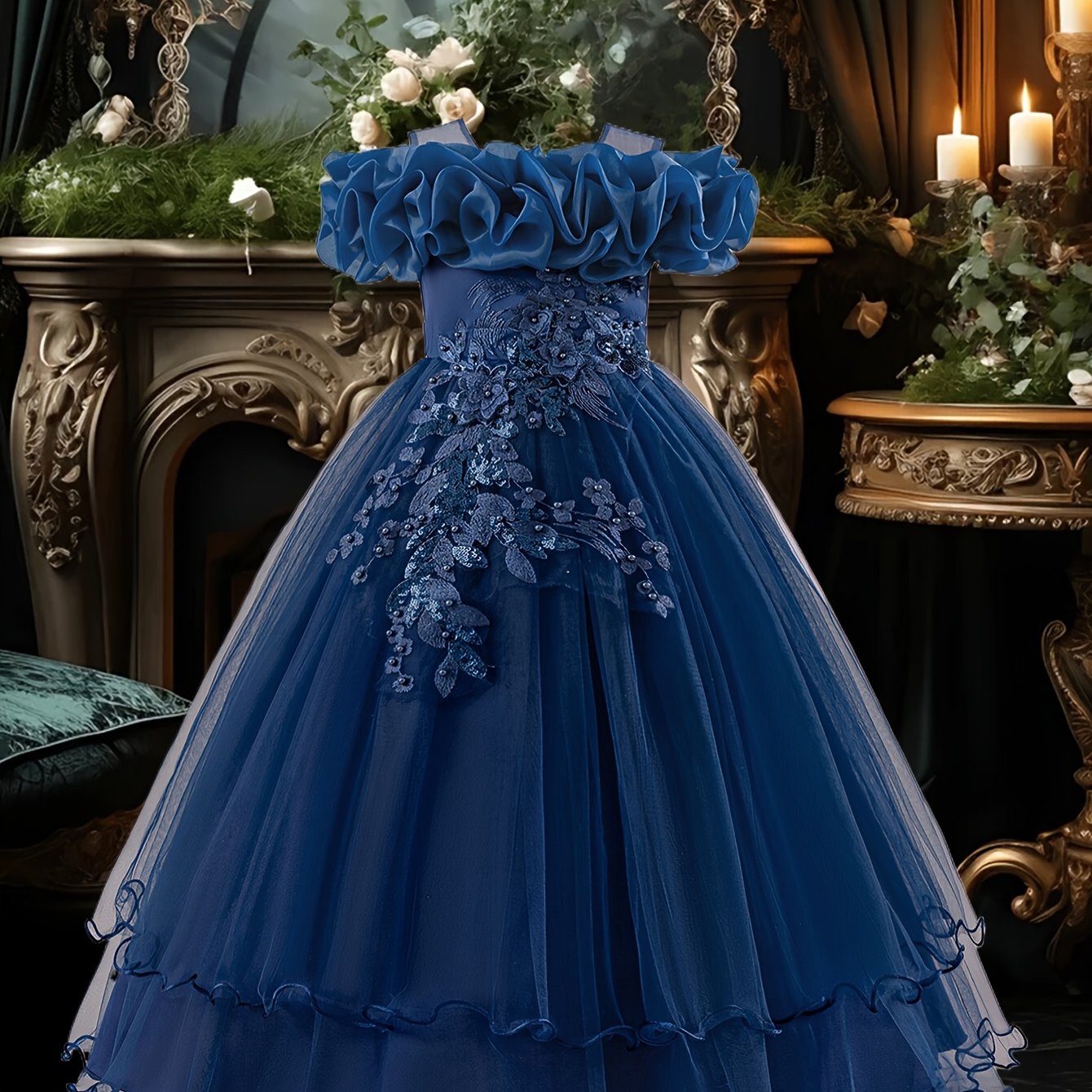 Girls' Long Embroidered Off-Shoulder Princess Dress with Pearl Tassels for Weddings and Parties